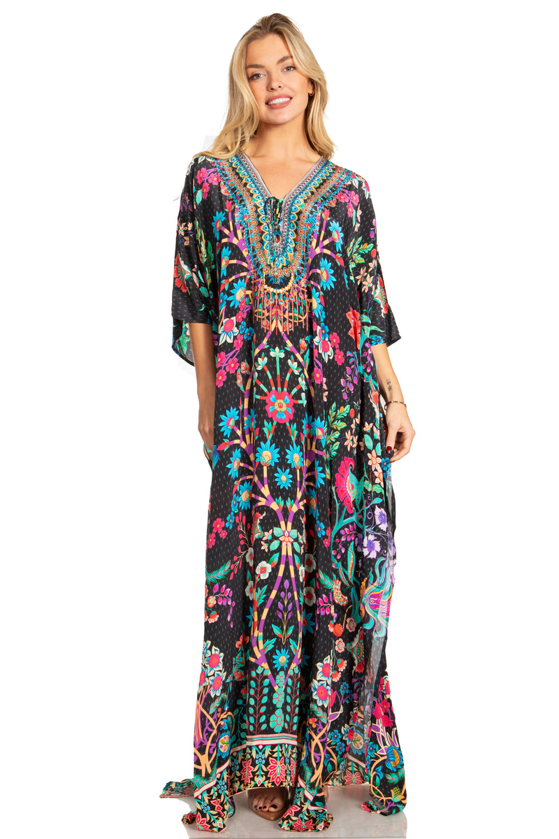 Sakkas Georgettina 2025 Flowy Rhinestone V Neck Long Caftan Dress / Cover Up