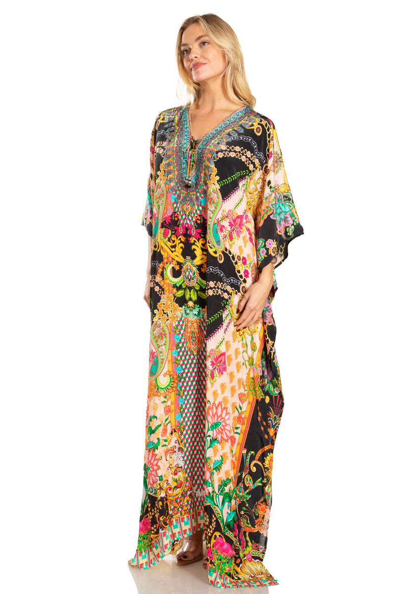 Sakkas Georgettina 2025 Flowy Rhinestone V Neck Long Caftan Dress / Cover Up