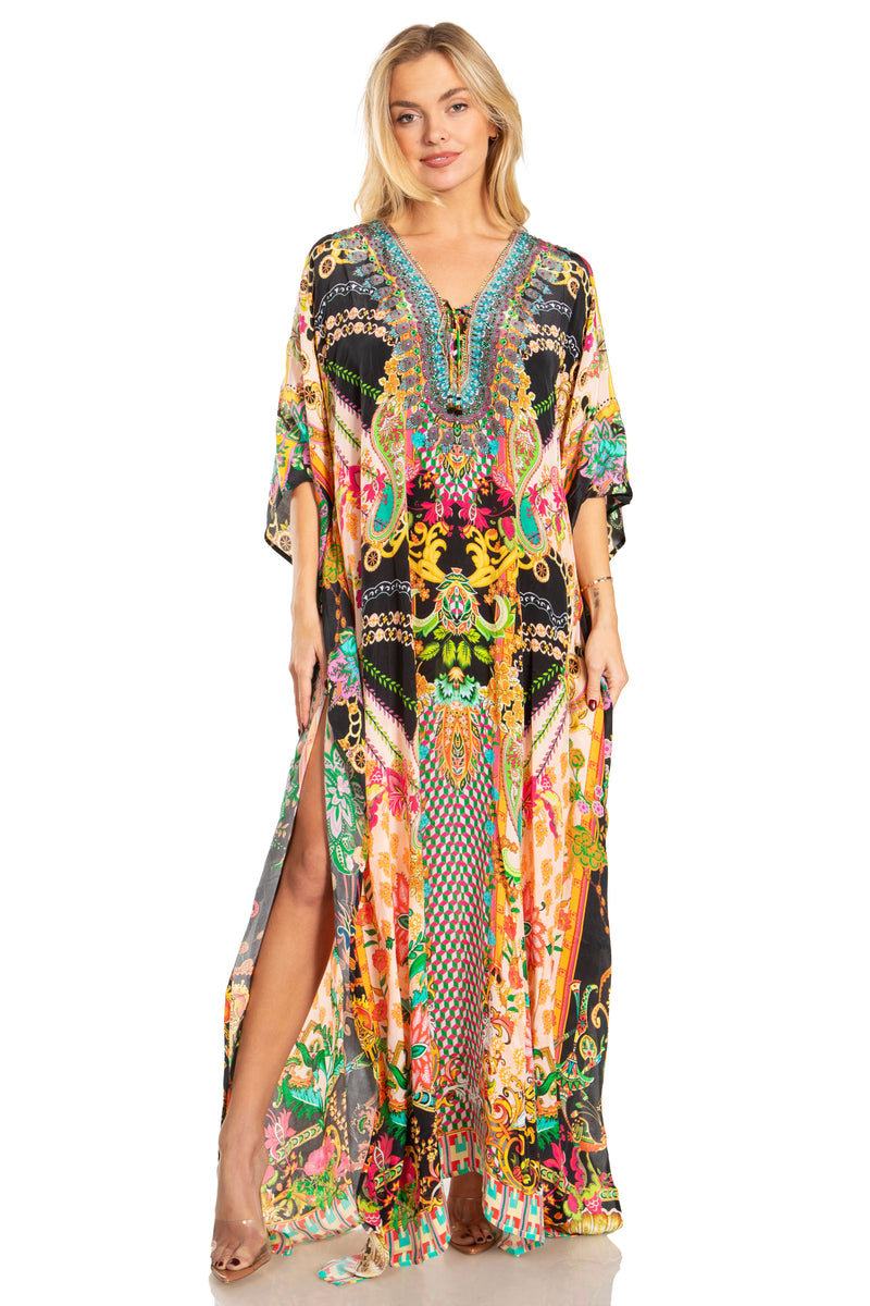 Sakkas Georgettina 2025 Flowy Rhinestone V Neck Long Caftan Dress / Cover Up