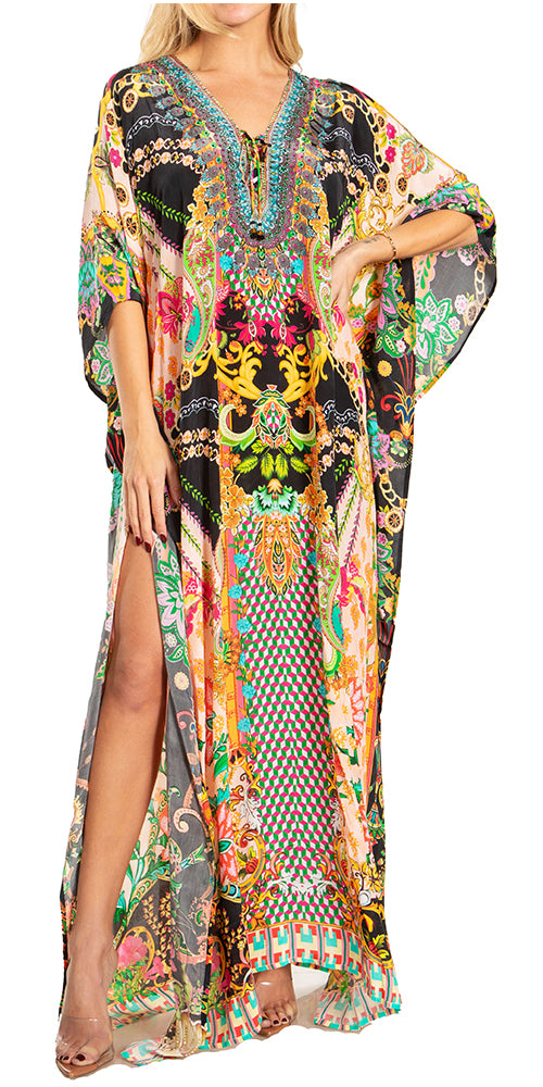 Sakkas Georgettina 2025 Flowy Rhinestone V Neck Long Caftan Dress / Cover Up