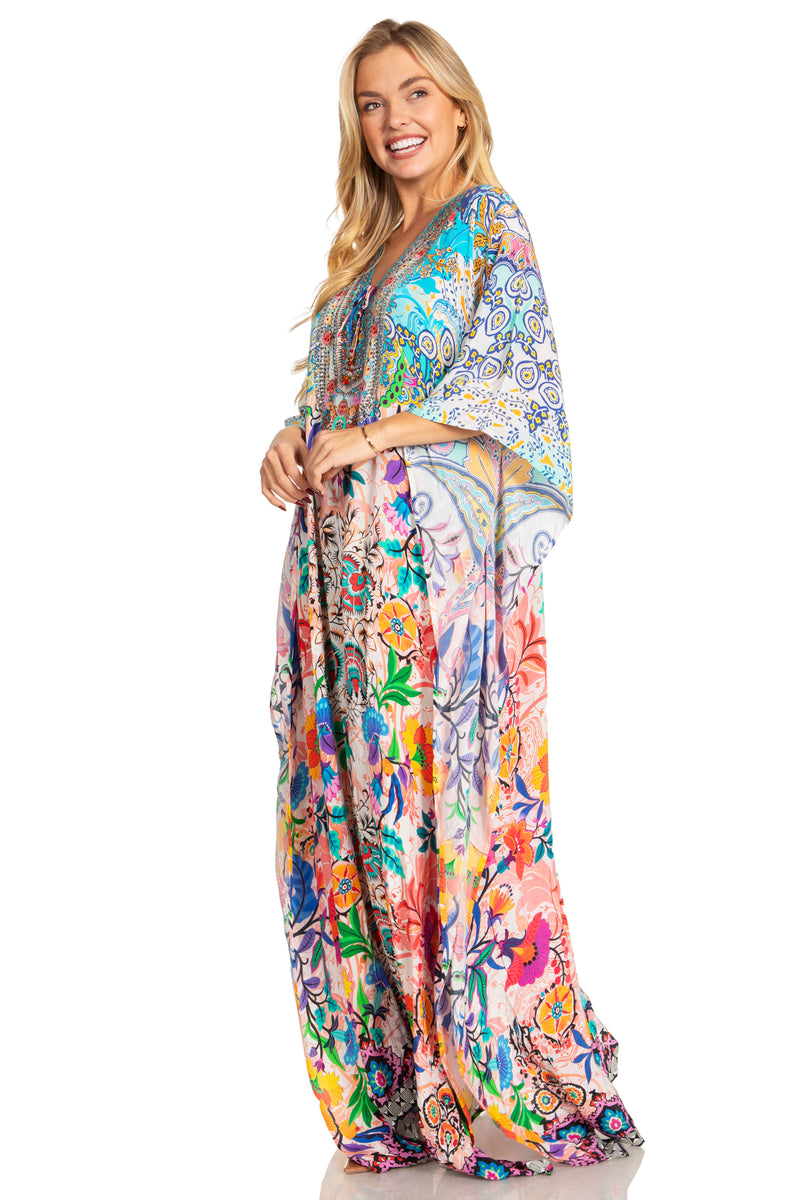 Sakkas Georgettina 2025 Flowy Rhinestone V Neck Long Caftan Dress / Cover Up