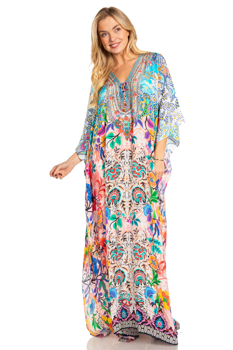 Sakkas Georgettina 2025 Flowy Rhinestone V Neck Long Caftan Dress / Cover Up