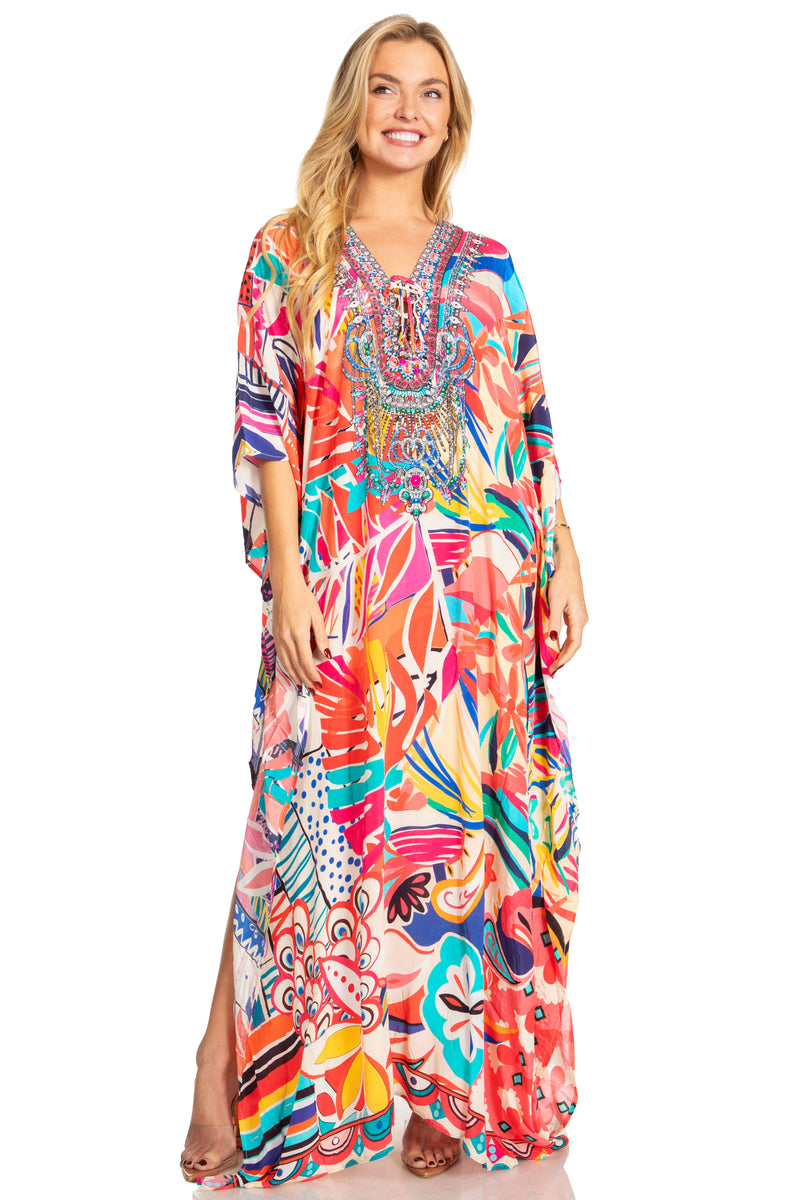 Sakkas Georgettina 2025 Flowy Rhinestone V Neck Long Caftan Dress / Cover Up