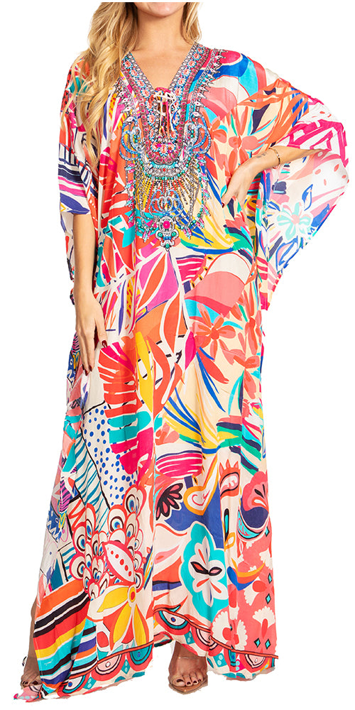 Sakkas Georgettina 2025 Flowy Rhinestone V Neck Long Caftan Dress / Cover Up