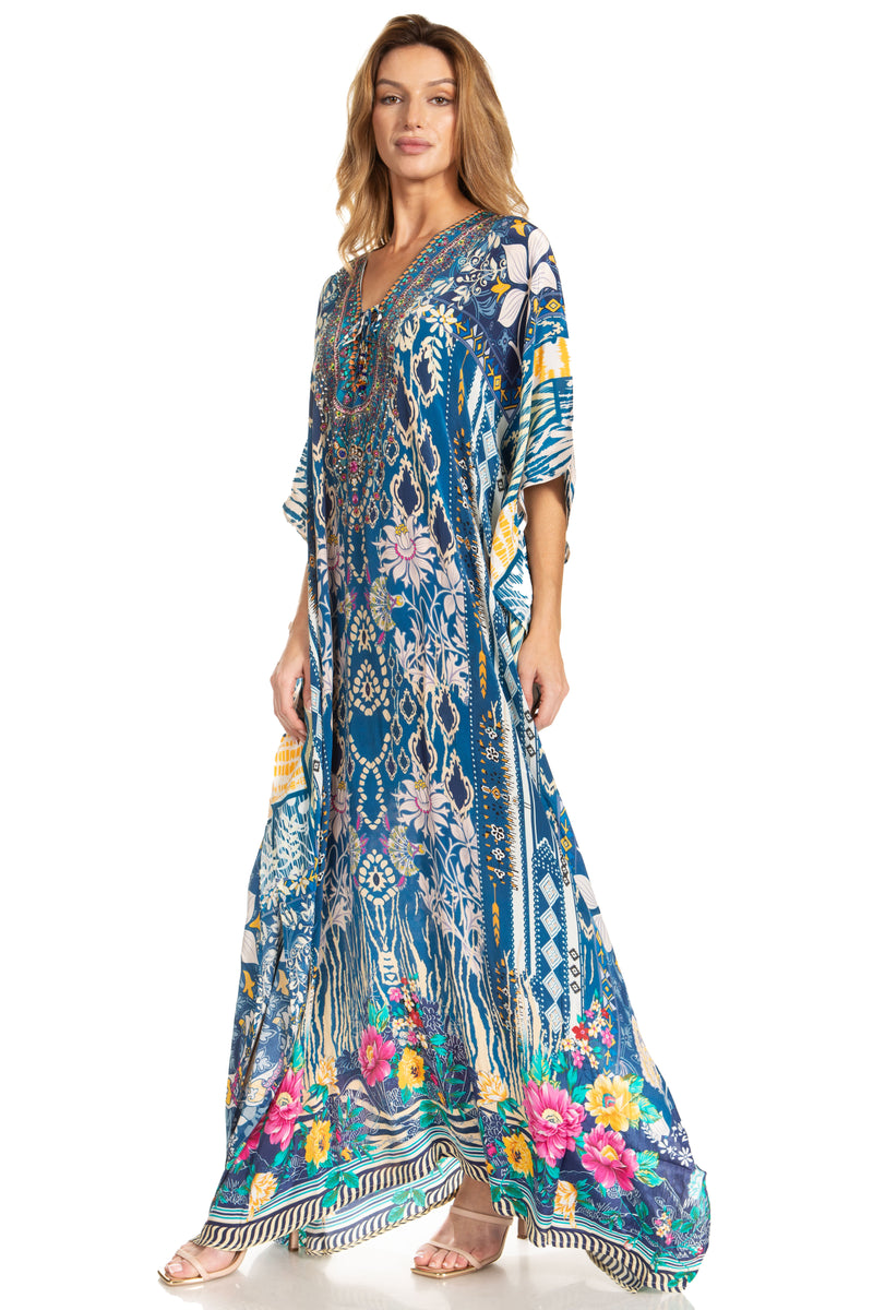 Sakkas Georgettina 2025 Flowy Rhinestone V Neck Long Caftan Dress / Cover Up