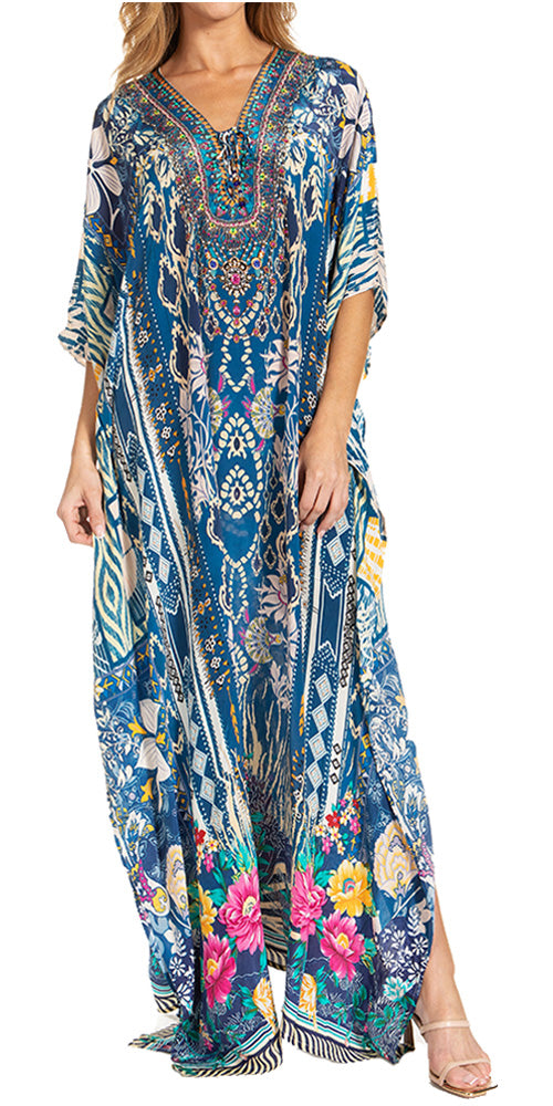 Sakkas Georgettina 2025 Flowy Rhinestone V Neck Long Caftan Dress / Cover Up