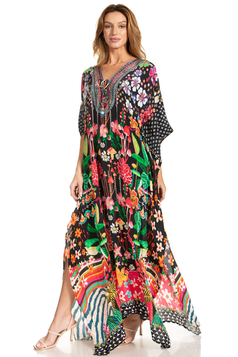 Sakkas Georgettina 2025 Flowy Rhinestone V Neck Long Caftan Dress / Cover Up