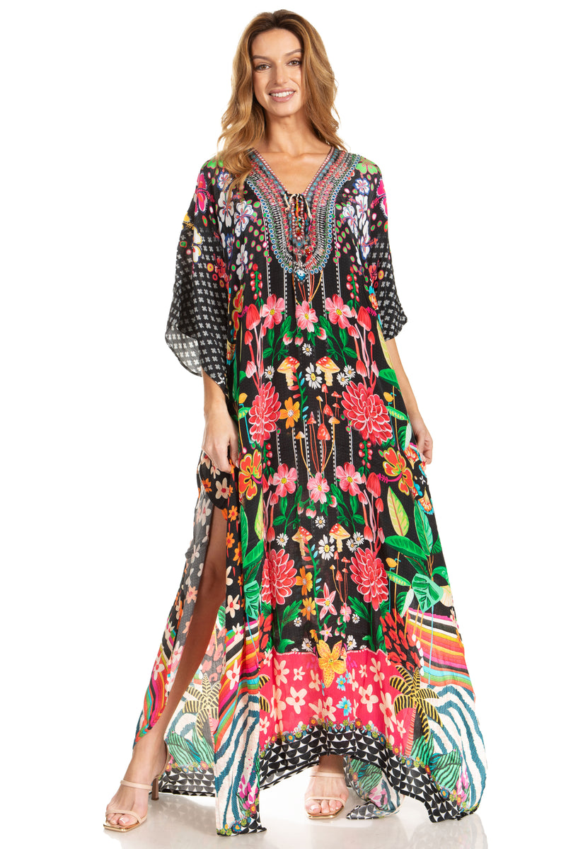 Sakkas Georgettina 2025 Flowy Rhinestone V Neck Long Caftan Dress / Cover Up