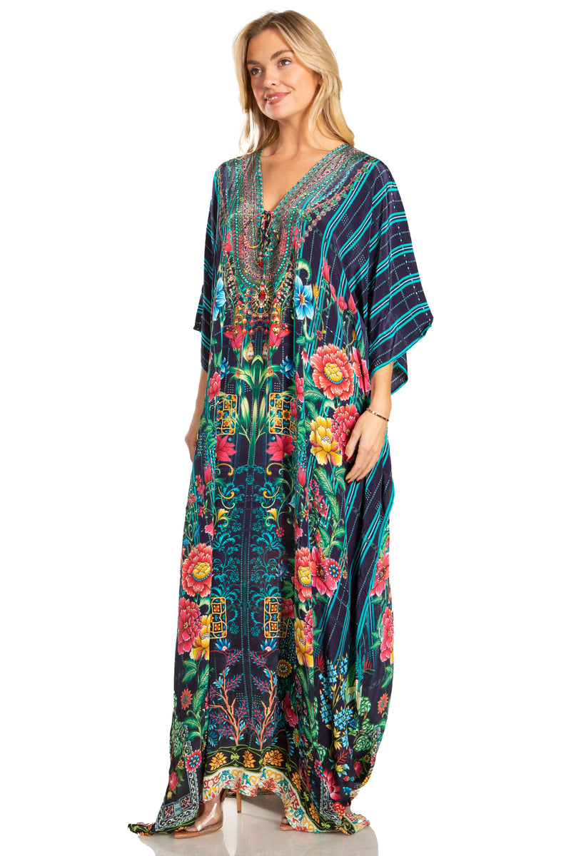 Sakkas Georgettina 2025 Flowy Rhinestone V Neck Long Caftan Dress / Cover Up