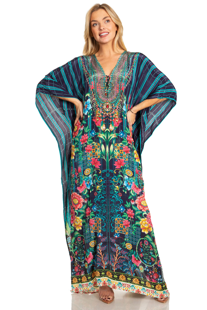 Sakkas Georgettina 2025 Flowy Rhinestone V Neck Long Caftan Dress / Cover Up