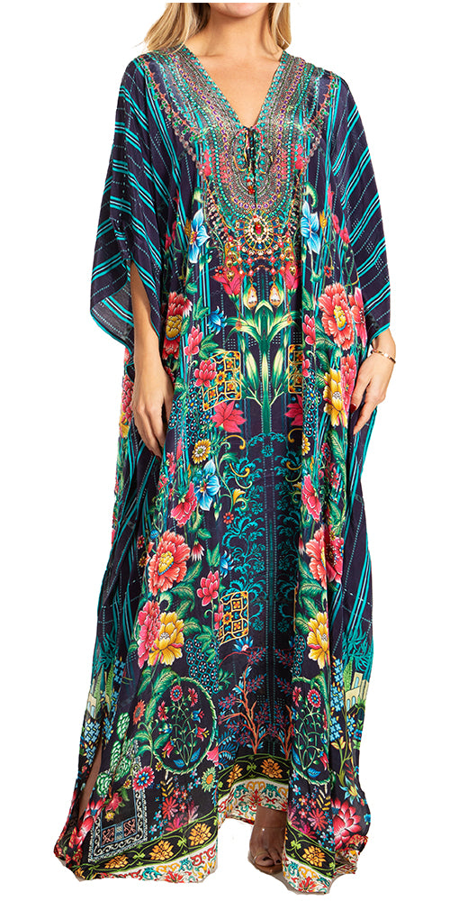 Sakkas Georgettina 2025 Flowy Rhinestone V Neck Long Caftan Dress / Cover Up