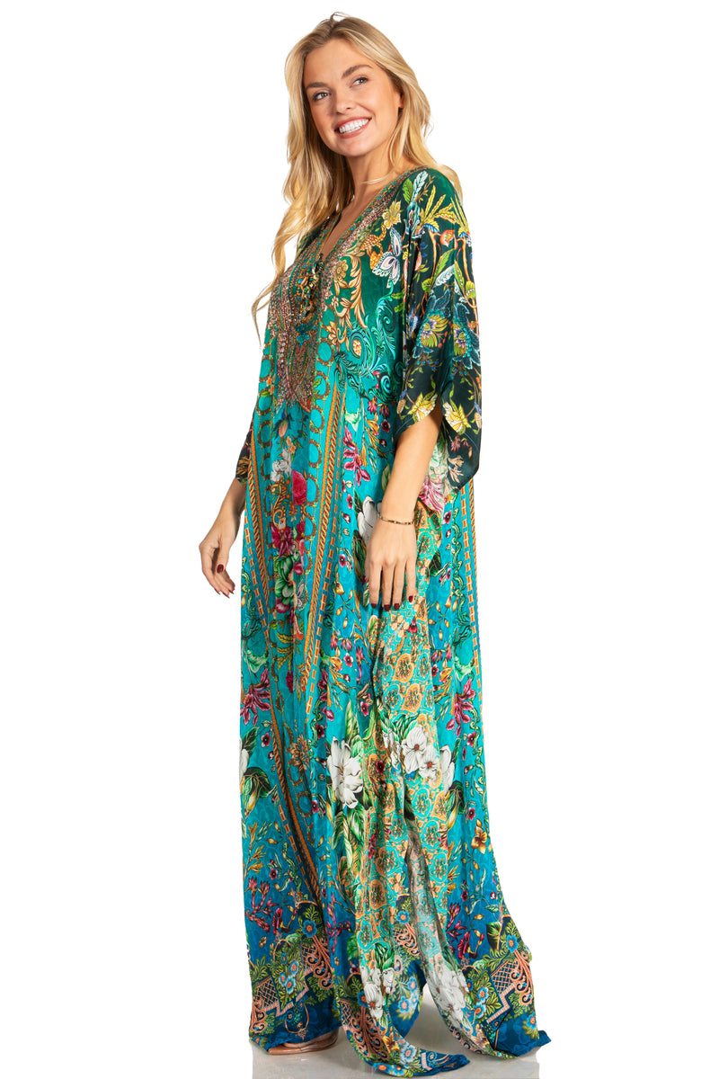 Sakkas Georgettina 2025 Flowy Rhinestone V Neck Long Caftan Dress / Cover Up