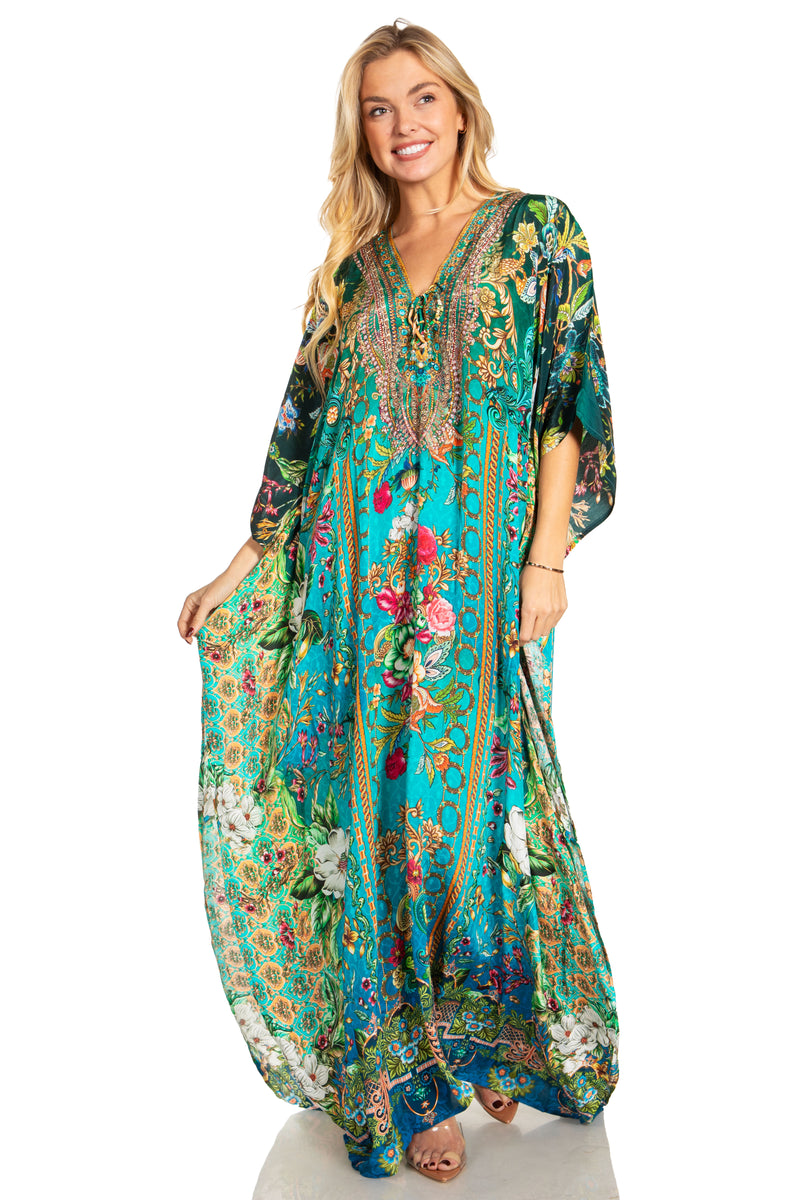 Sakkas Georgettina 2025 Flowy Rhinestone V Neck Long Caftan Dress / Cover Up