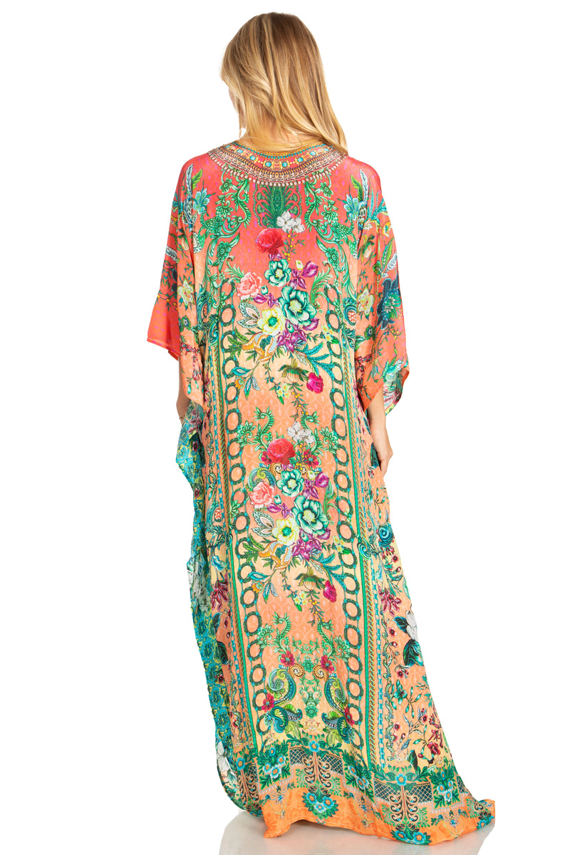 Sakkas Georgettina 2025 Flowy Rhinestone V Neck Long Caftan Dress / Cover Up