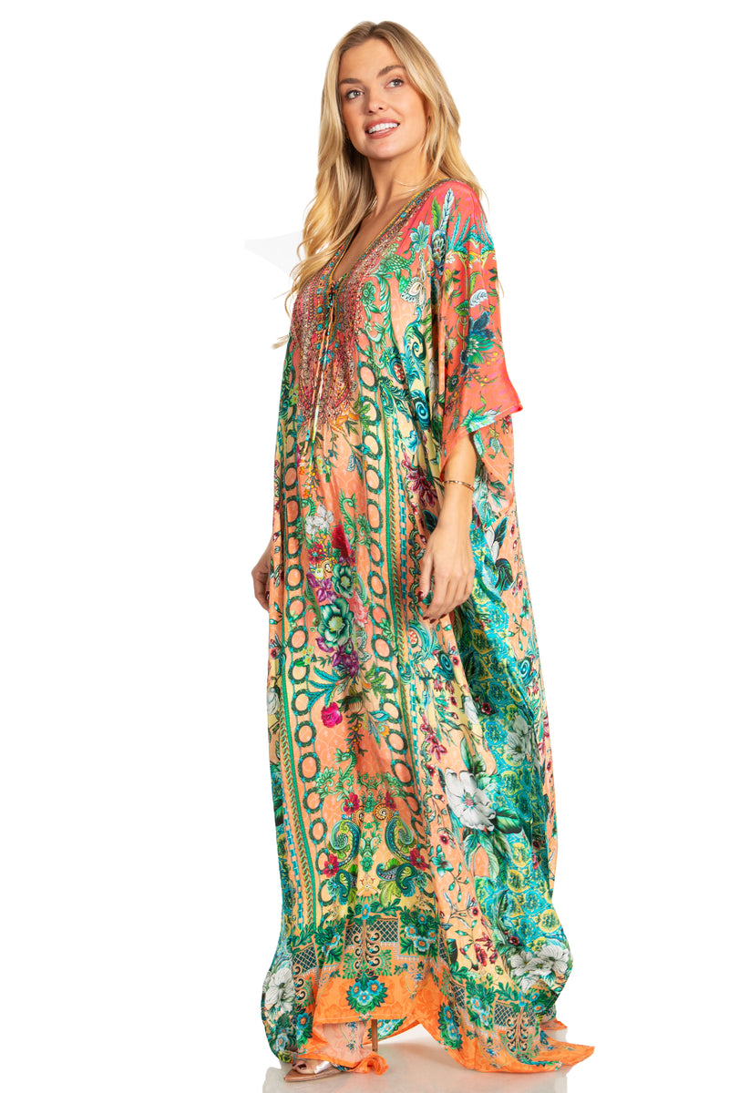 Sakkas Georgettina 2025 Flowy Rhinestone V Neck Long Caftan Dress / Cover Up