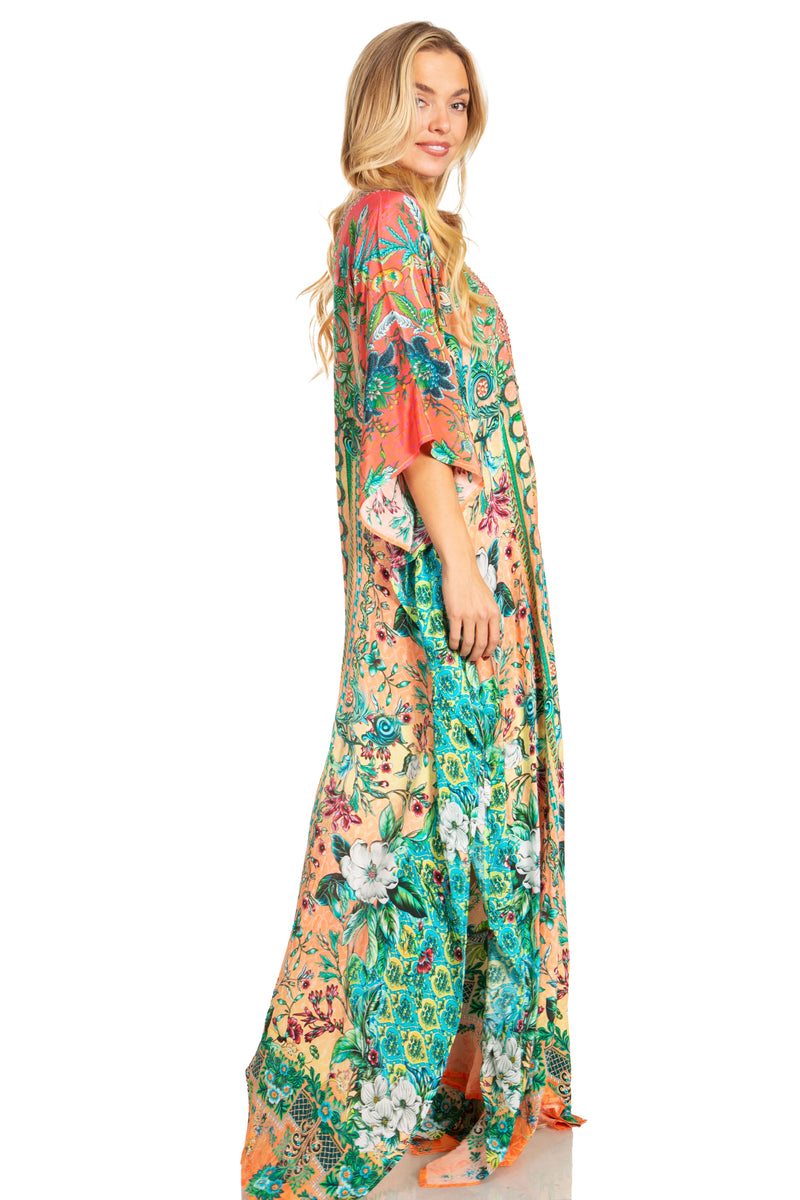 Sakkas Georgettina 2025 Flowy Rhinestone V Neck Long Caftan Dress / Cover Up