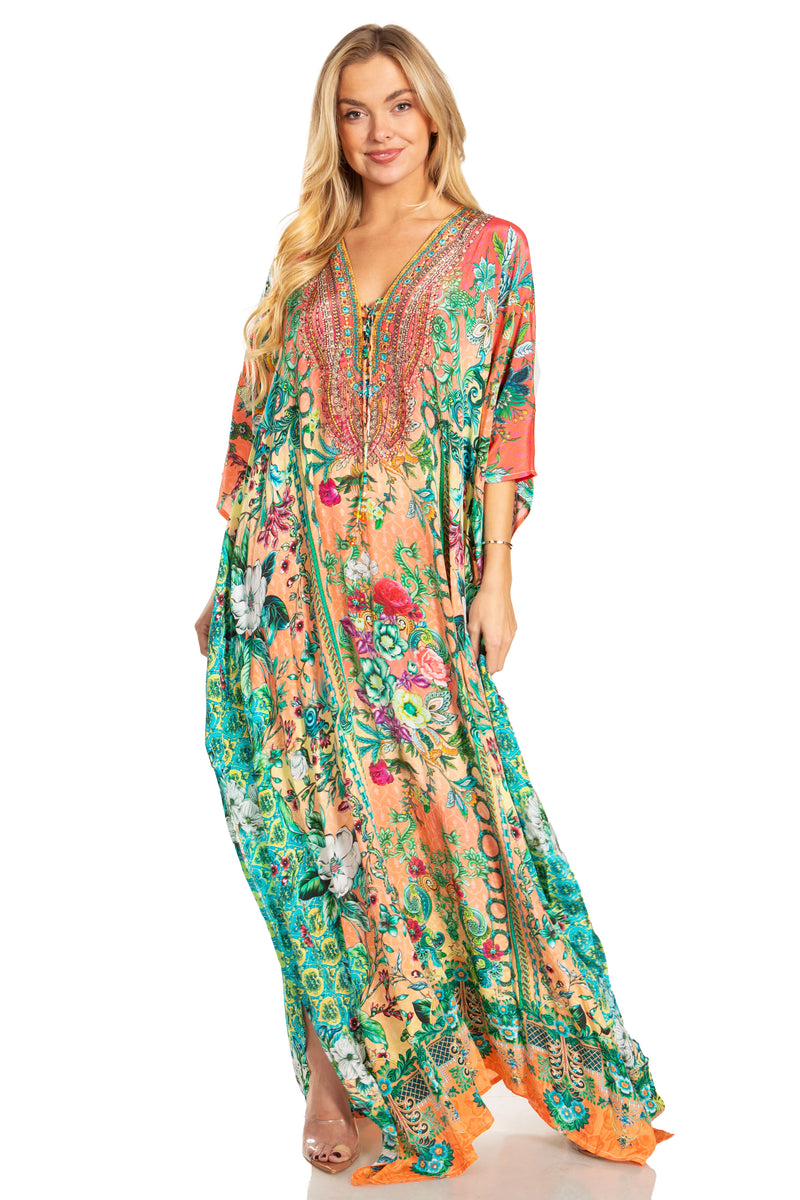 Sakkas Georgettina 2025 Flowy Rhinestone V Neck Long Caftan Dress / Cover Up