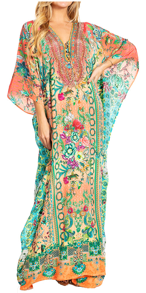 Sakkas Georgettina 2025 Flowy Rhinestone V Neck Long Caftan Dress / Cover Up