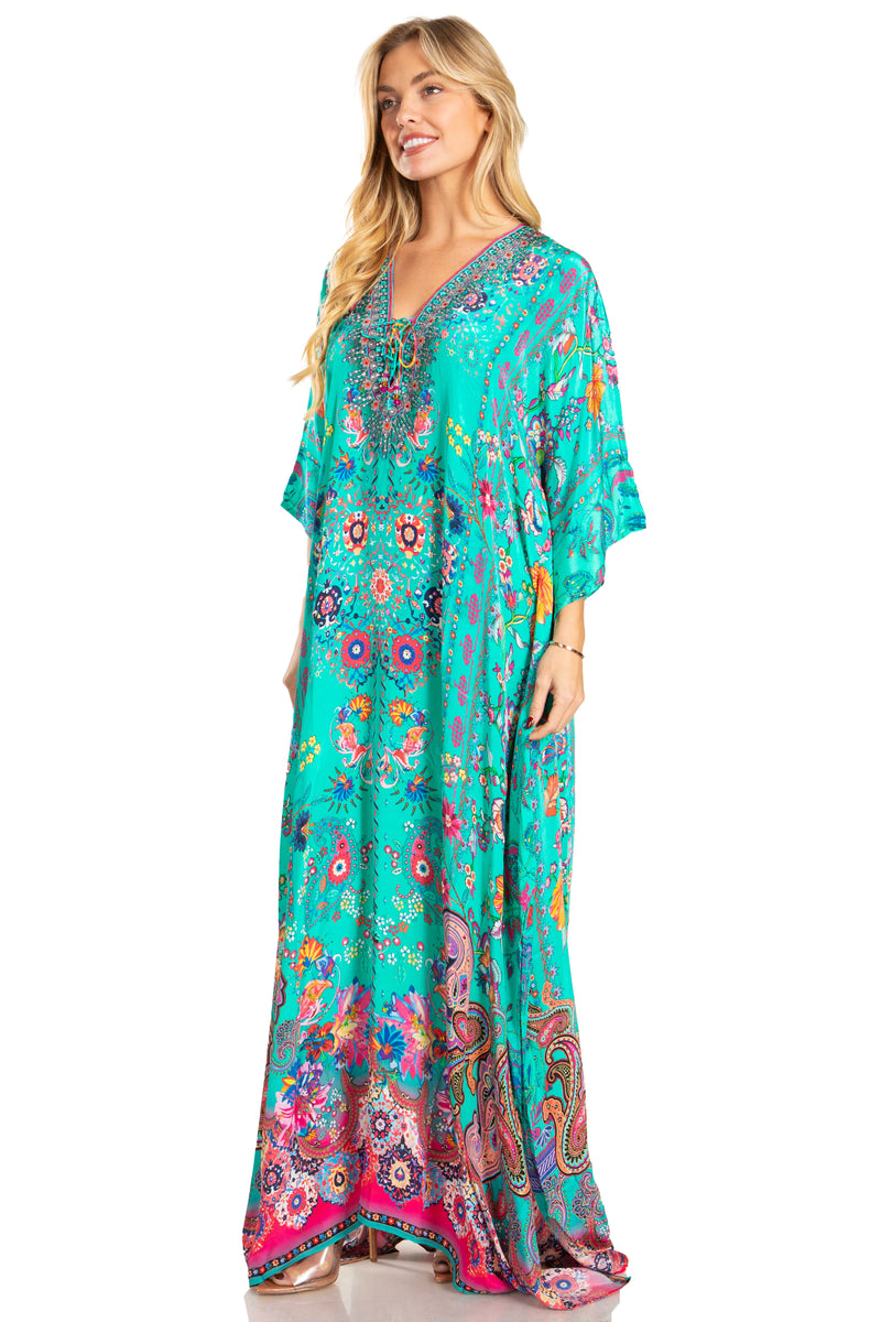 Sakkas Georgettina 2025 Flowy Rhinestone V Neck Long Caftan Dress / Cover Up