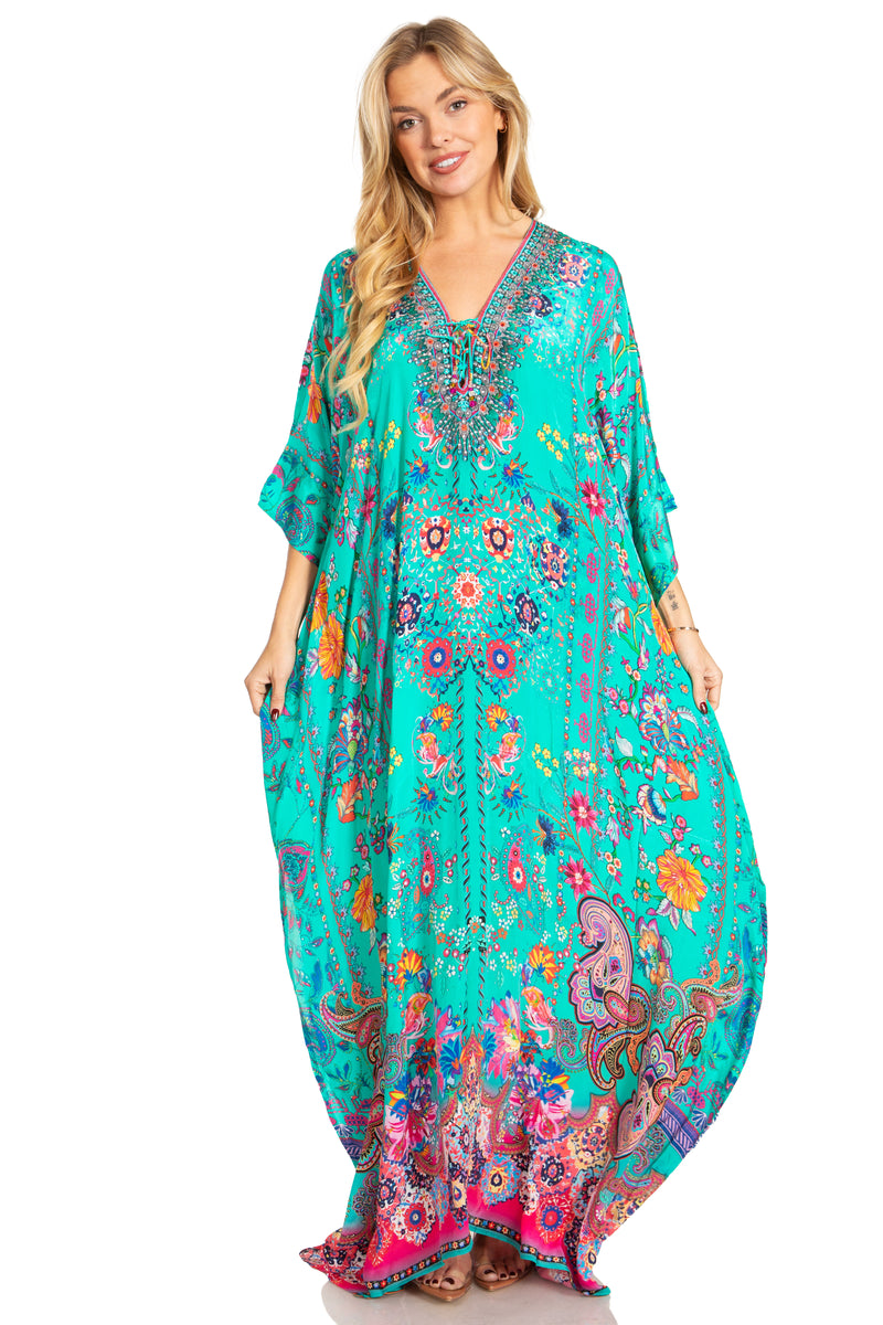 Sakkas Georgettina 2025 Flowy Rhinestone V Neck Long Caftan Dress / Cover Up