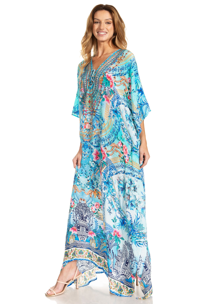 Sakkas Georgettina 2025 Flowy Rhinestone V Neck Long Caftan Dress / Cover Up