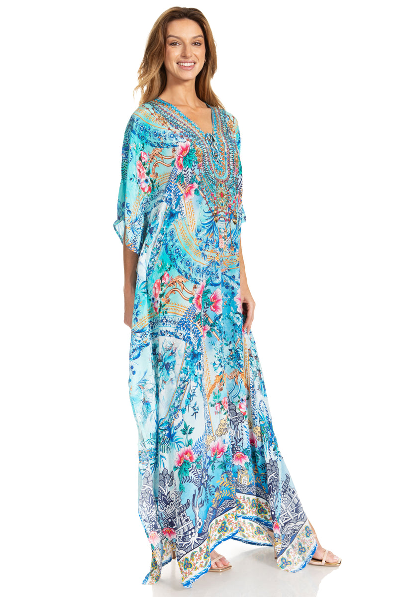 Sakkas Georgettina 2025 Flowy Rhinestone V Neck Long Caftan Dress / Cover Up