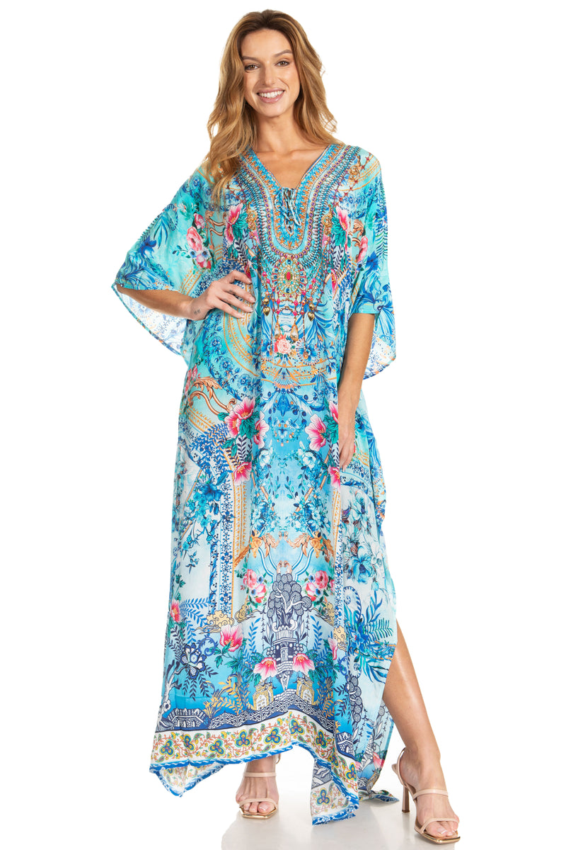 Sakkas Georgettina 2025 Flowy Rhinestone V Neck Long Caftan Dress / Cover Up