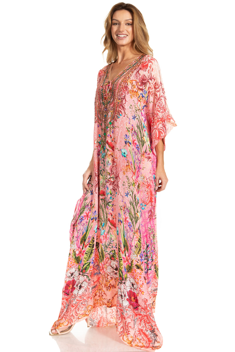 Sakkas Georgettina 2025 Flowy Rhinestone V Neck Long Caftan Dress / Cover Up