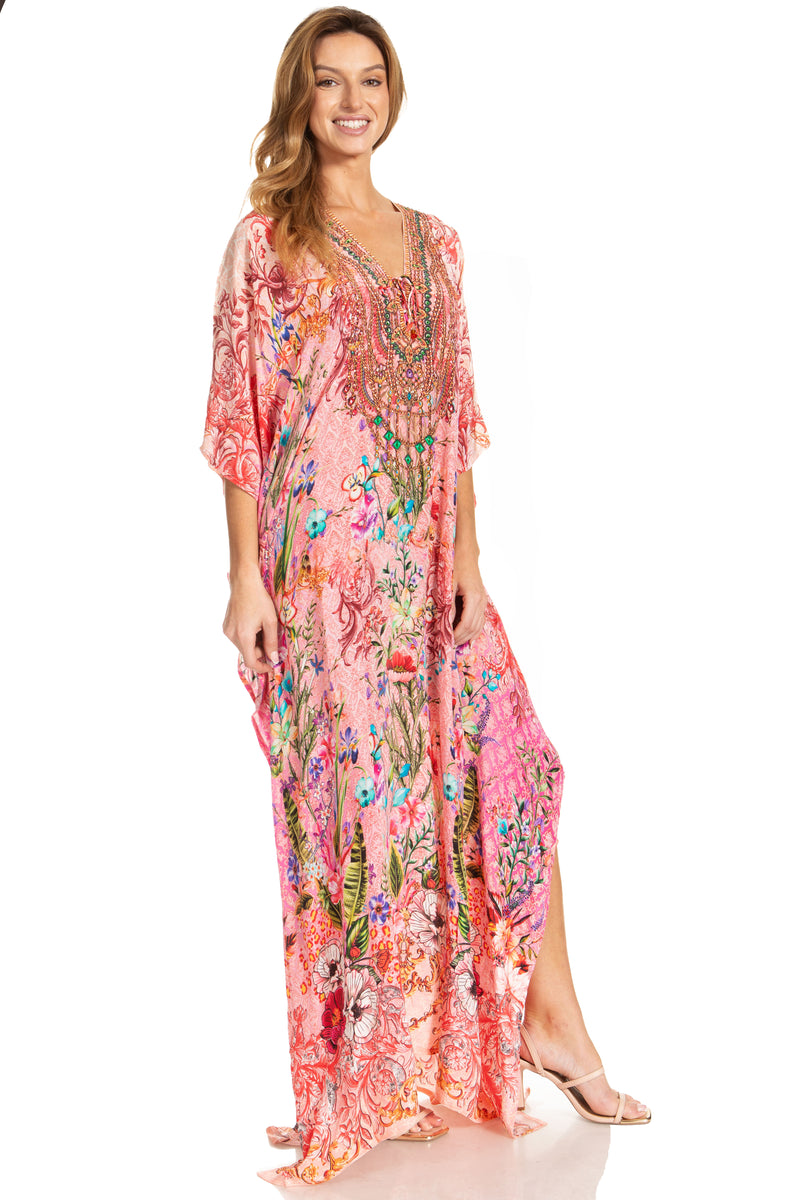 Sakkas Georgettina 2025 Flowy Rhinestone V Neck Long Caftan Dress / Cover Up