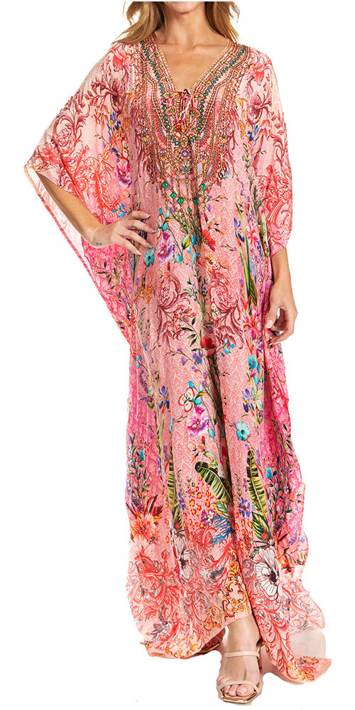 Sakkas Georgettina 2025 Flowy Rhinestone V Neck Long Caftan Dress / Cover Up