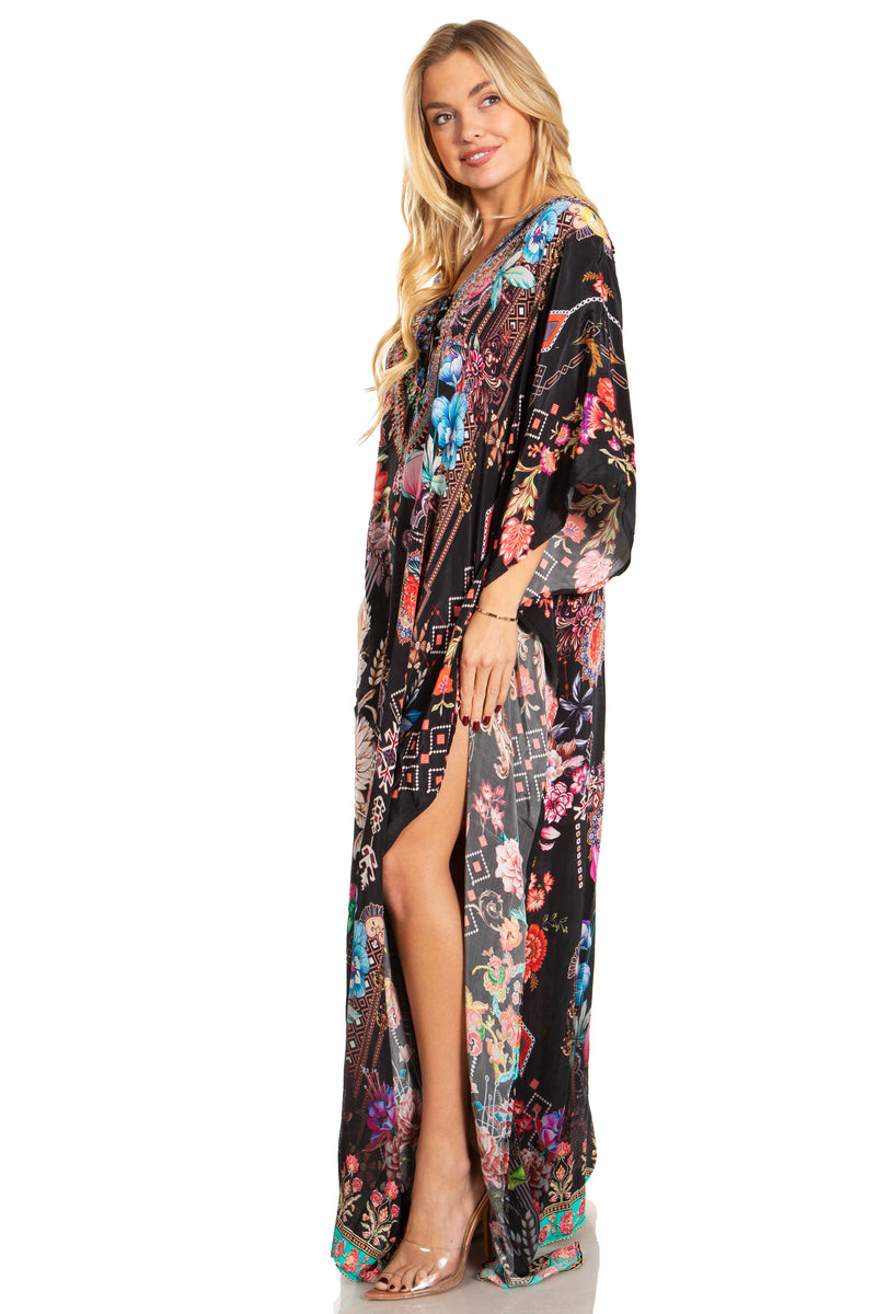 Sakkas Georgettina 2025 Flowy Rhinestone V Neck Long Caftan Dress / Cover Up