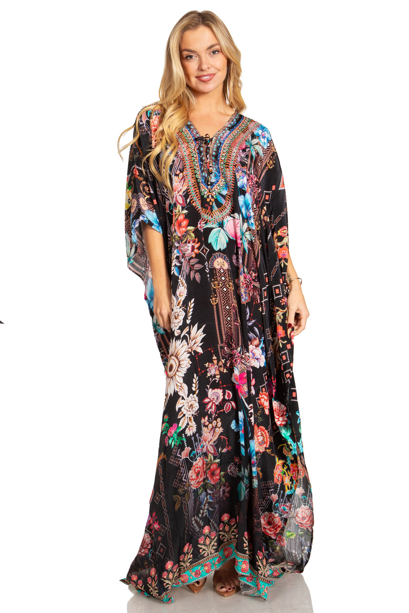 Sakkas Georgettina 2025 Flowy Rhinestone V Neck Long Caftan Dress / Cover Up