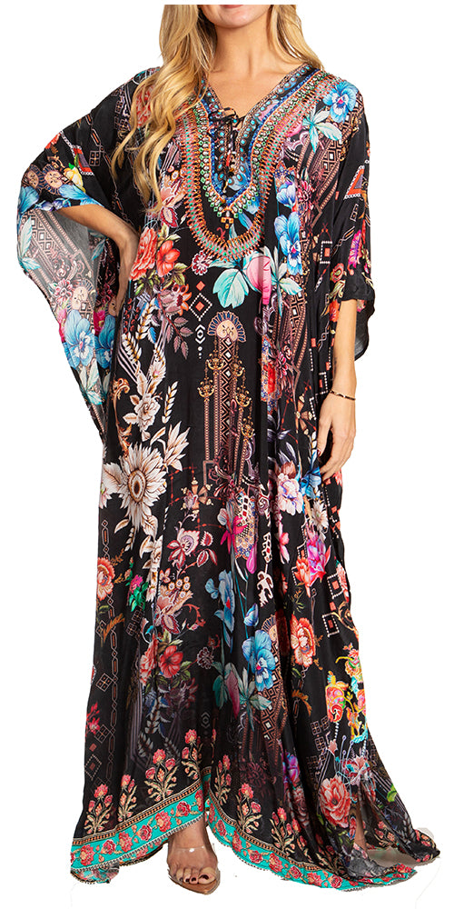 Sakkas Georgettina 2025 Flowy Rhinestone V Neck Long Caftan Dress / Cover Up