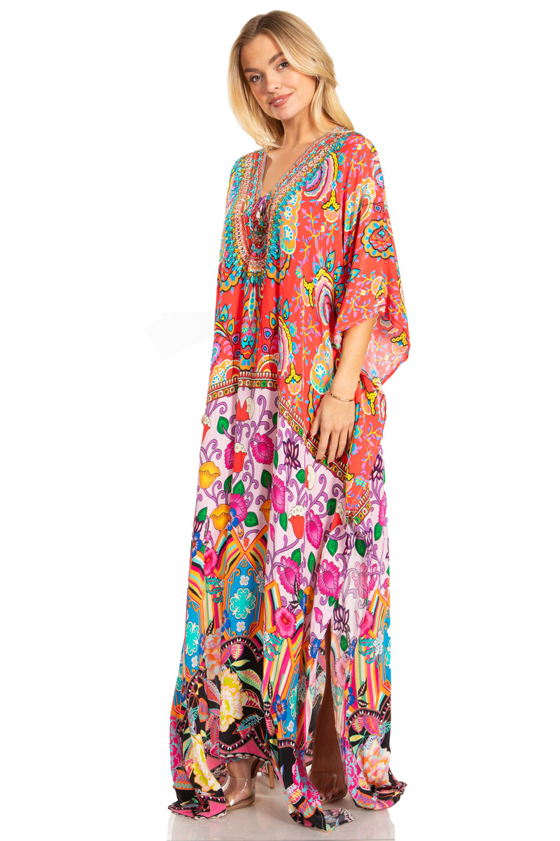 Sakkas Georgettina 2025 Flowy Rhinestone V Neck Long Caftan Dress / Cover Up