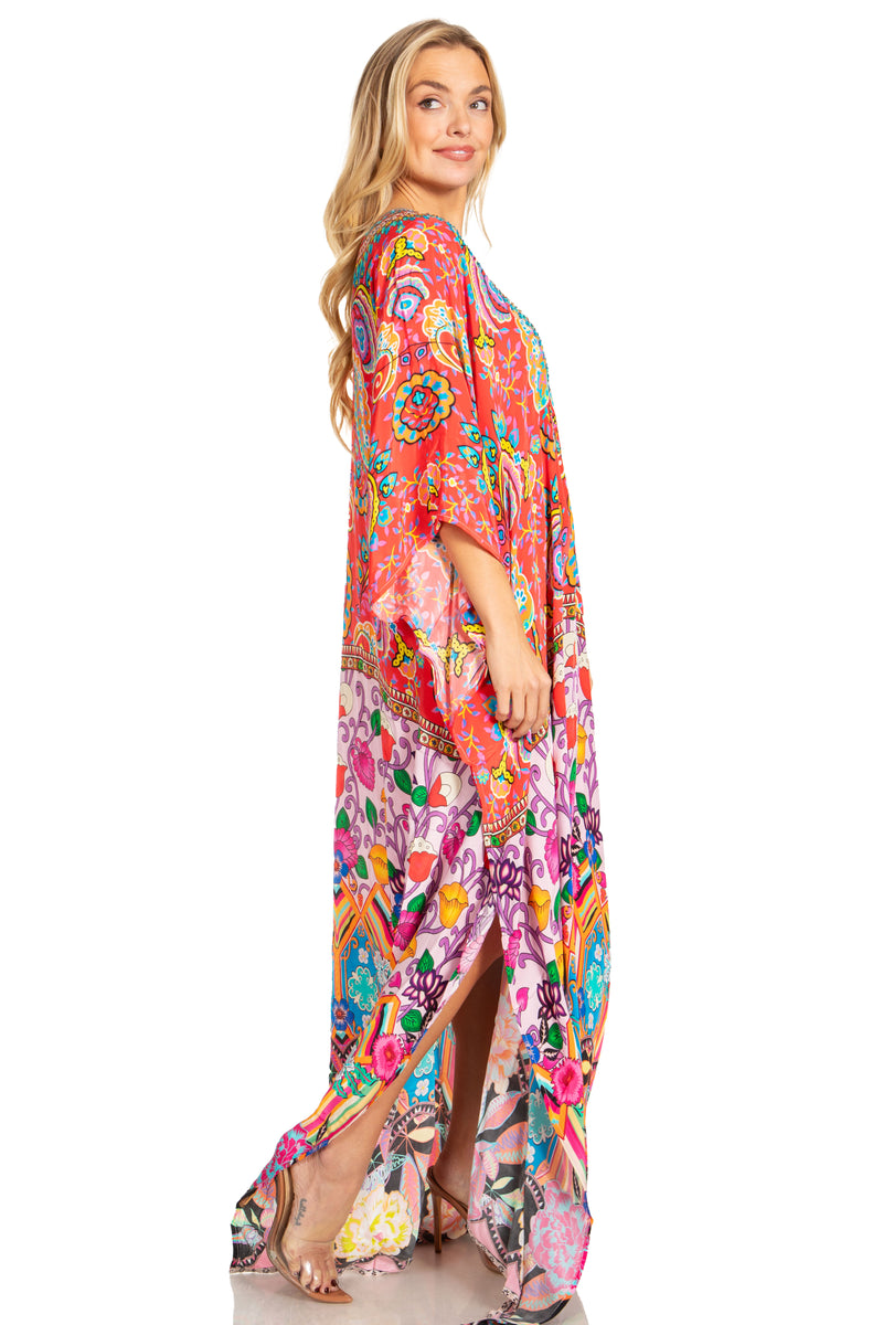 Sakkas Georgettina 2025 Flowy Rhinestone V Neck Long Caftan Dress / Cover Up