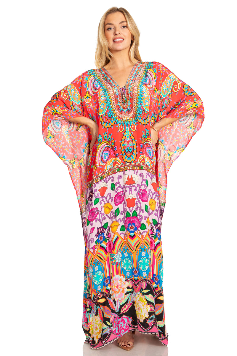 Sakkas Georgettina 2025 Flowy Rhinestone V Neck Long Caftan Dress / Cover Up