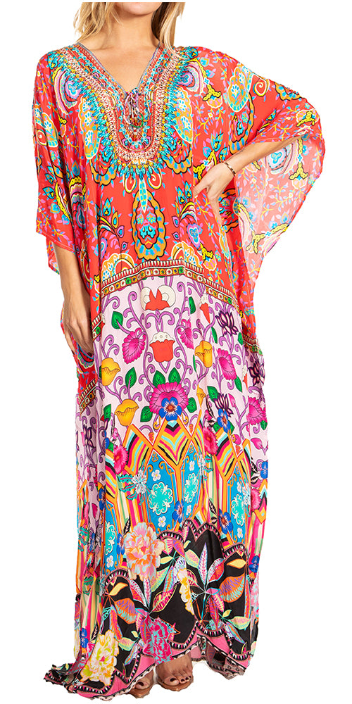 Sakkas Georgettina 2025 Flowy Rhinestone V Neck Long Caftan Dress / Cover Up