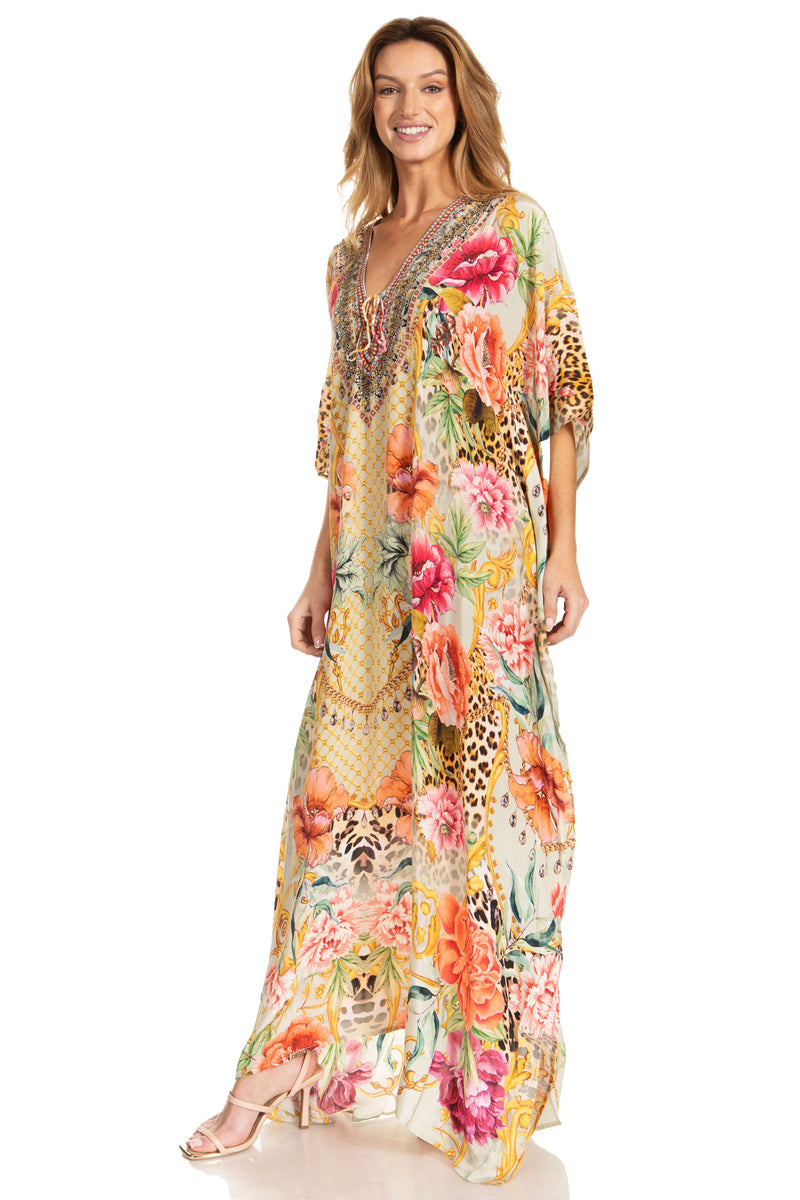 Sakkas Georgettina 2025 Flowy Rhinestone V Neck Long Caftan Dress / Cover Up