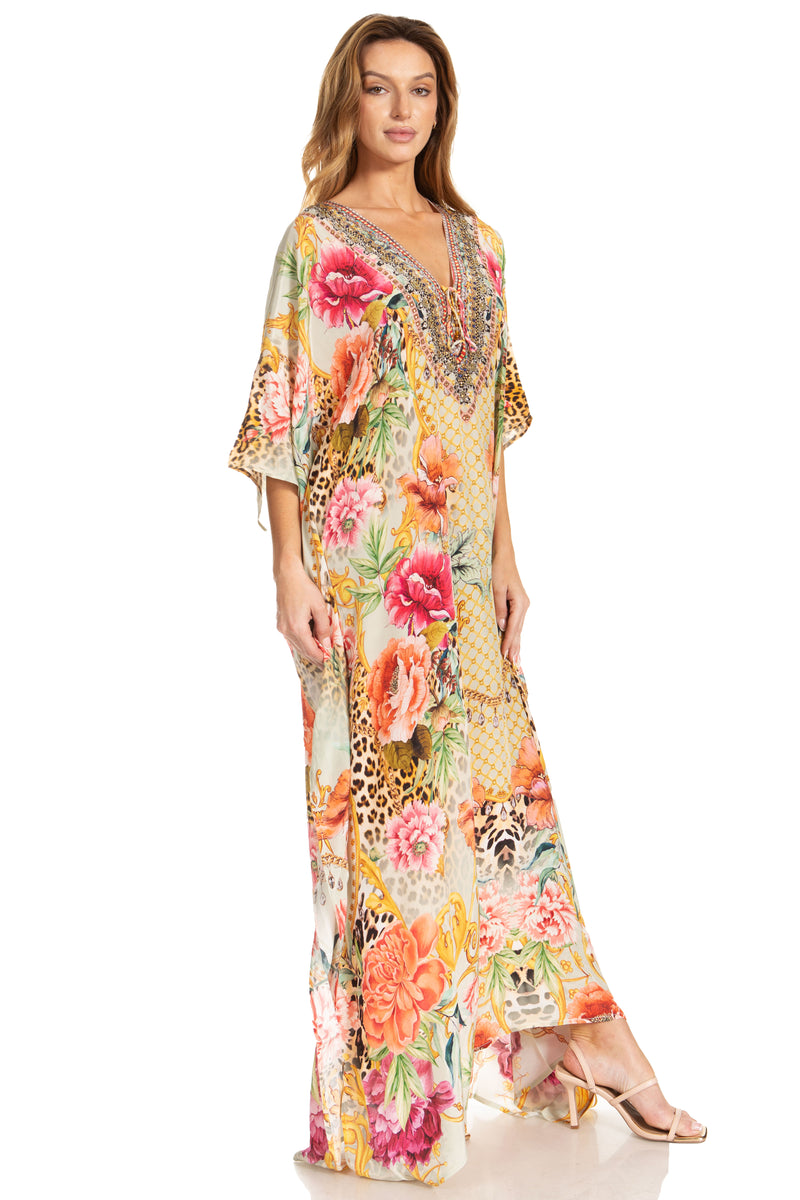 Sakkas Georgettina 2025 Flowy Rhinestone V Neck Long Caftan Dress / Cover Up