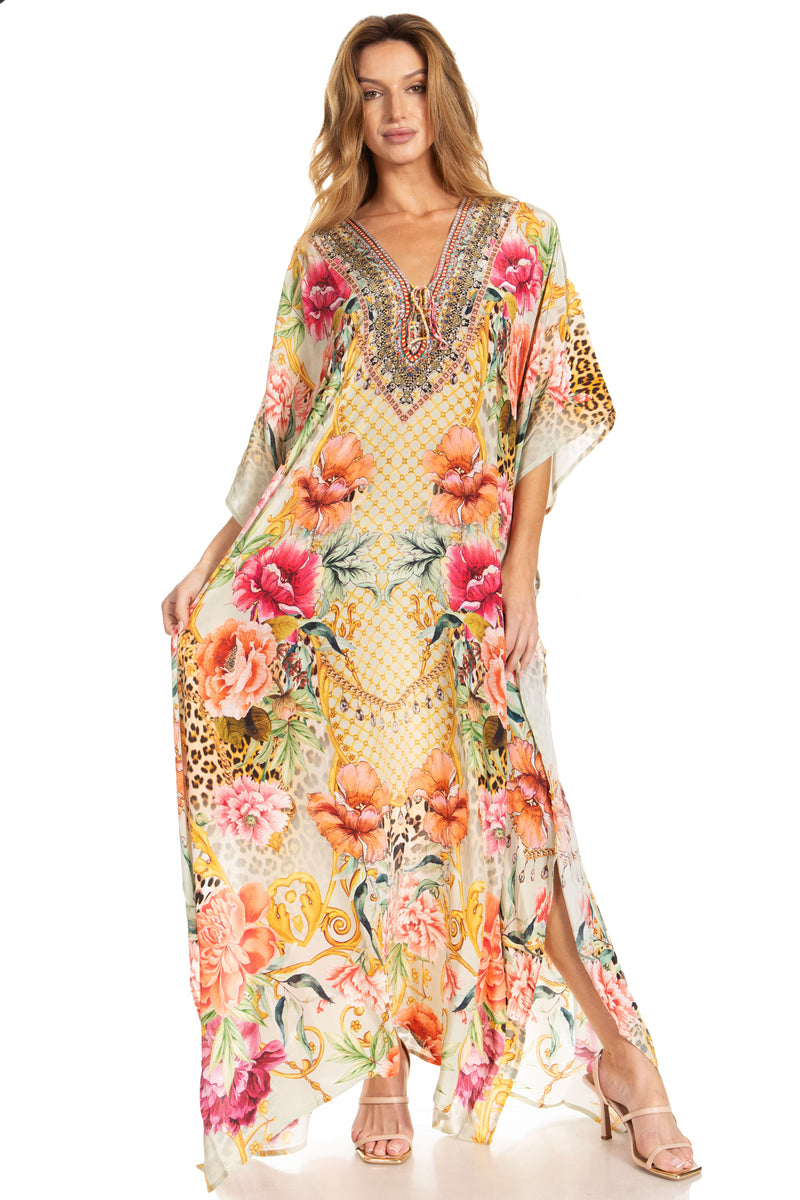 Sakkas Georgettina 2025 Flowy Rhinestone V Neck Long Caftan Dress / Cover Up