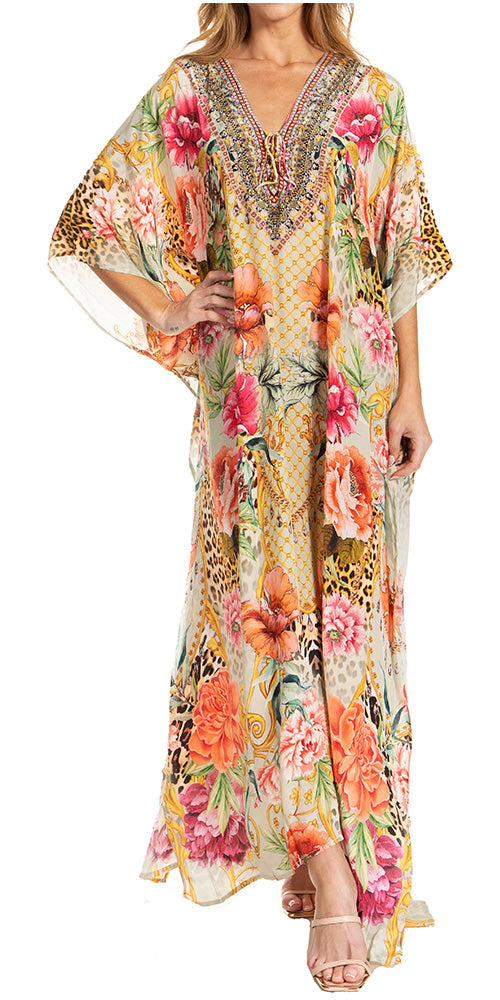 Sakkas Georgettina 2025 Flowy Rhinestone V Neck Long Caftan Dress / Cover Up