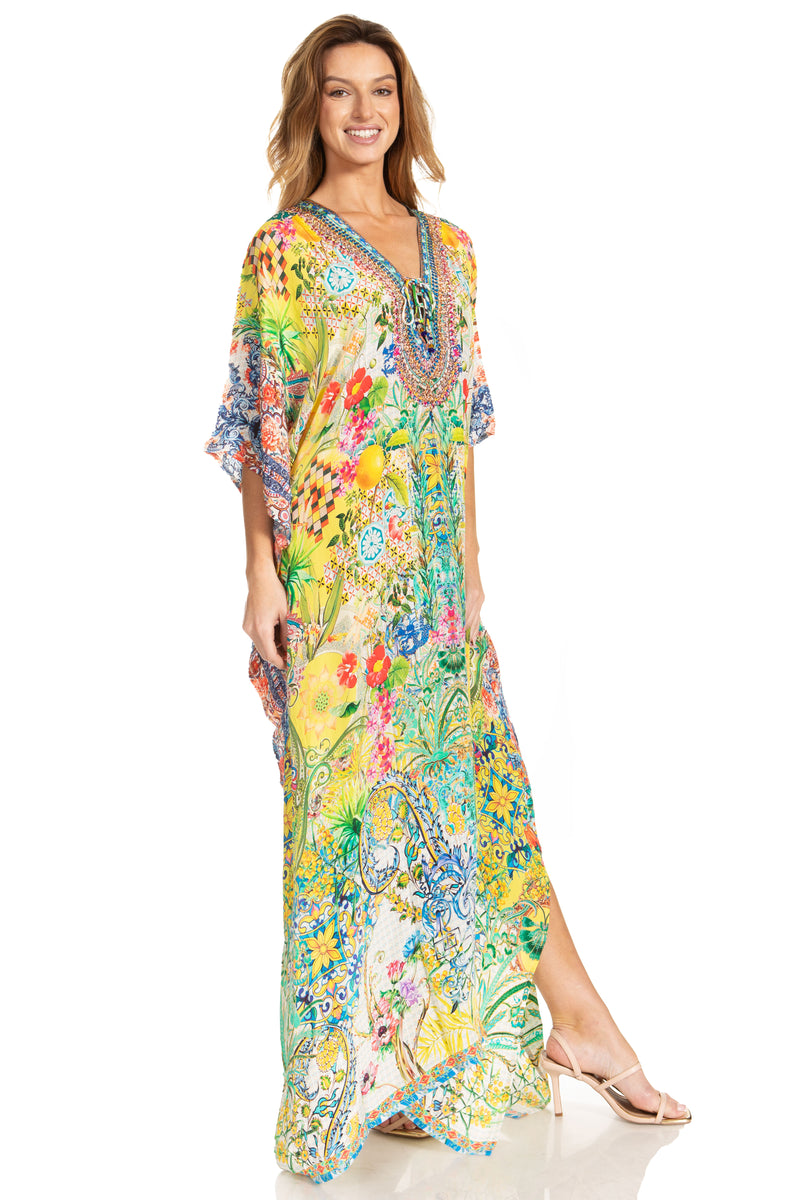 Sakkas Georgettina 2025 Flowy Rhinestone V Neck Long Caftan Dress / Cover Up