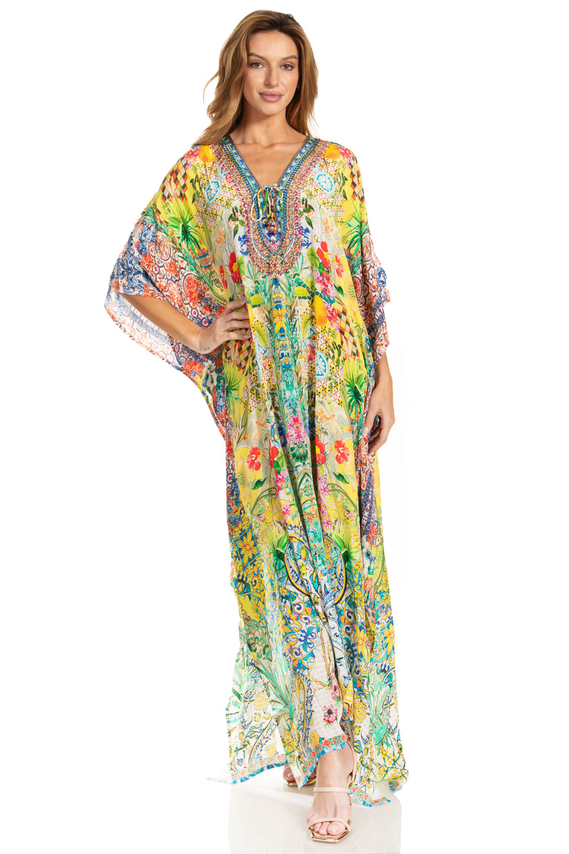 Sakkas Georgettina 2025 Flowy Rhinestone V Neck Long Caftan Dress / Cover Up