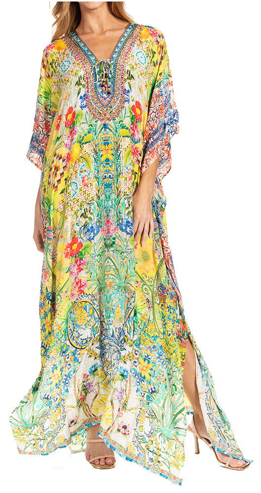 Sakkas Georgettina 2025 Flowy Rhinestone V Neck Long Caftan Dress / Cover Up