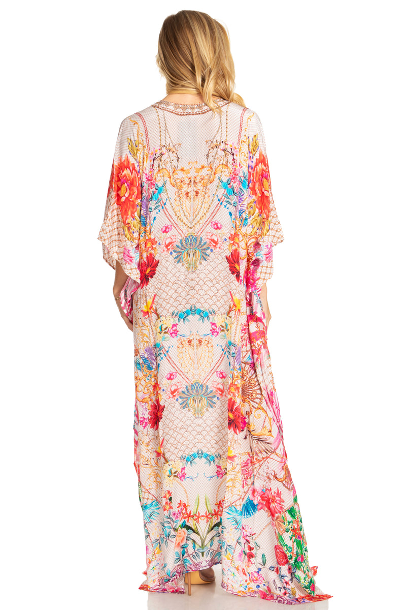 Sakkas Georgettina 2025 Flowy Rhinestone V Neck Long Caftan Dress / Cover Up