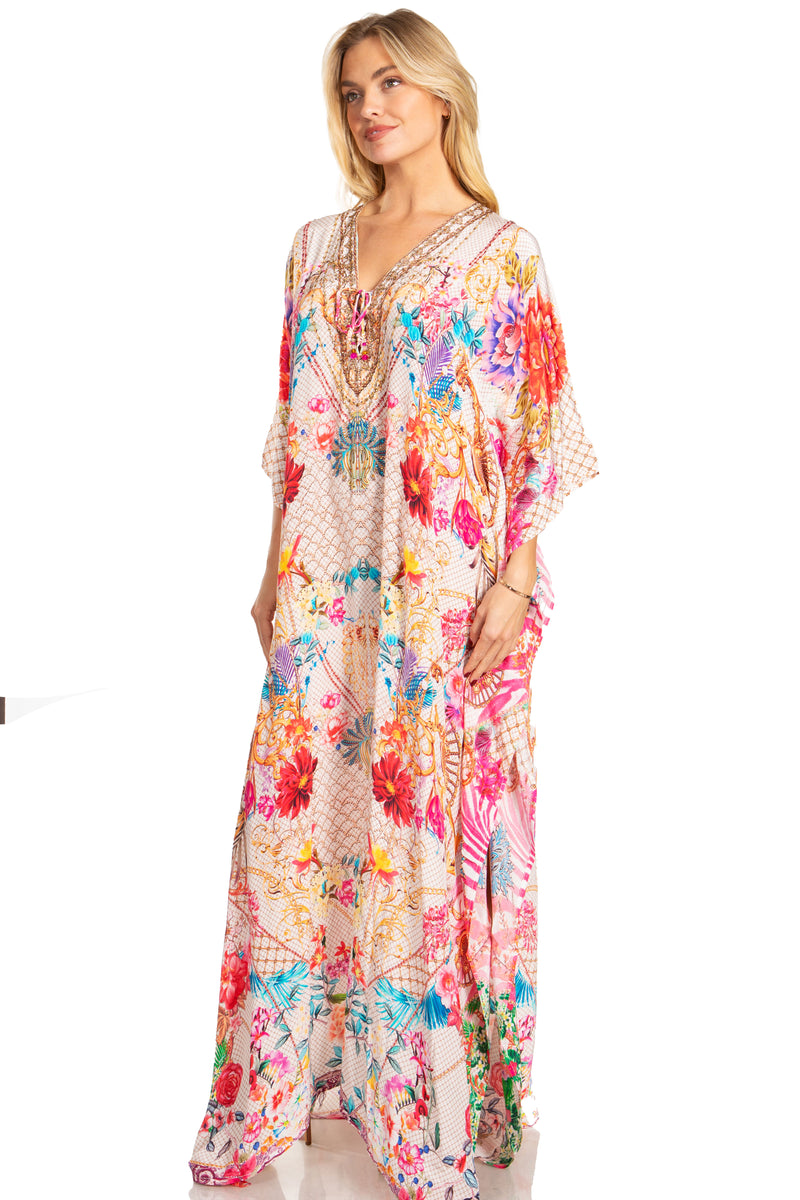 Sakkas Georgettina 2025 Flowy Rhinestone V Neck Long Caftan Dress / Cover Up