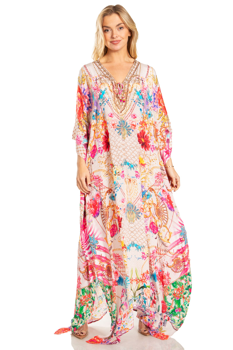 Sakkas Georgettina 2025 Flowy Rhinestone V Neck Long Caftan Dress / Cover Up