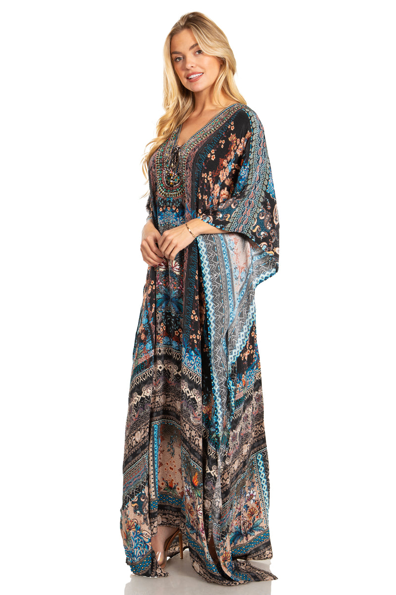 Sakkas Georgettina 2025 Flowy Rhinestone V Neck Long Caftan Dress / Cover Up