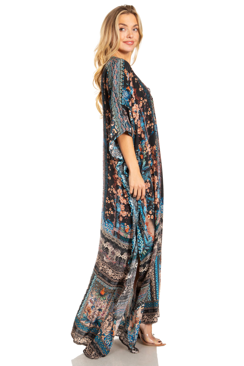 Sakkas Georgettina 2025 Flowy Rhinestone V Neck Long Caftan Dress / Cover Up