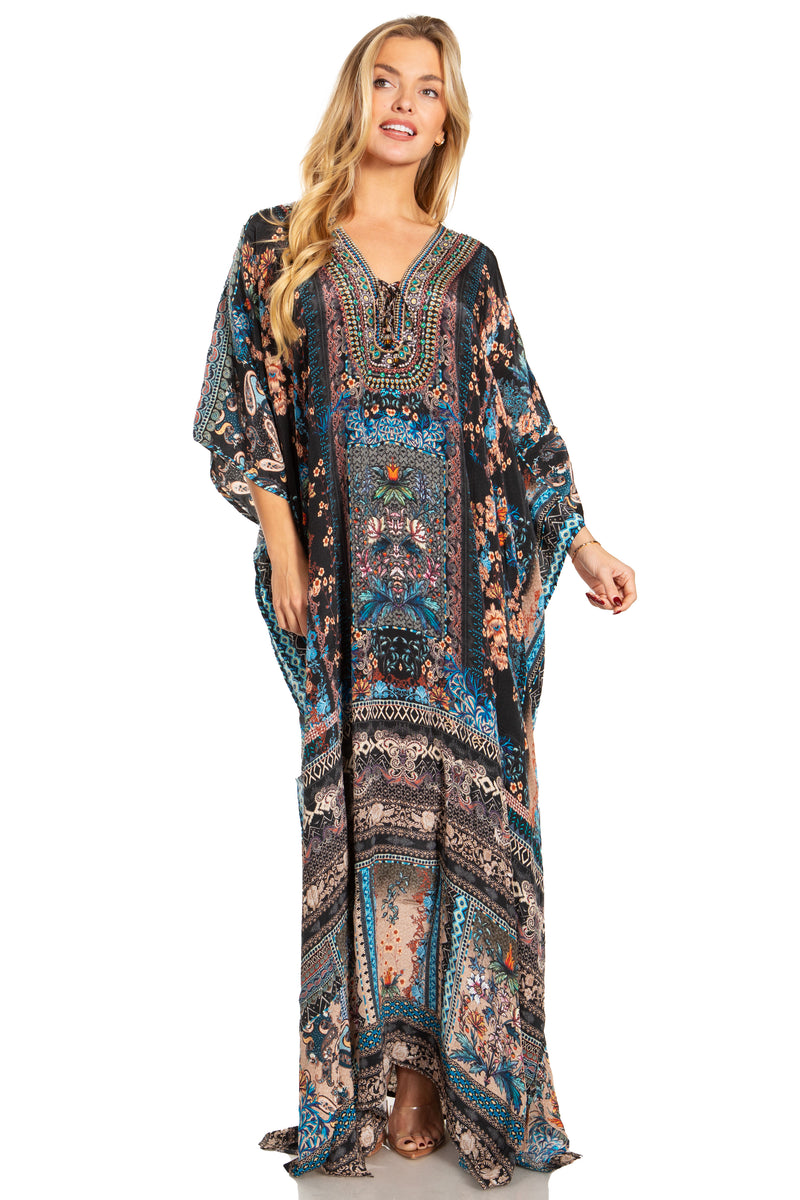 Sakkas Georgettina 2025 Flowy Rhinestone V Neck Long Caftan Dress / Cover Up